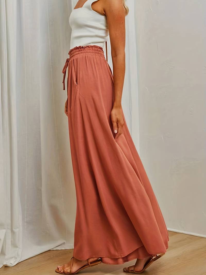 Summer Women's Wde Leg Pants With Elastic Waistband