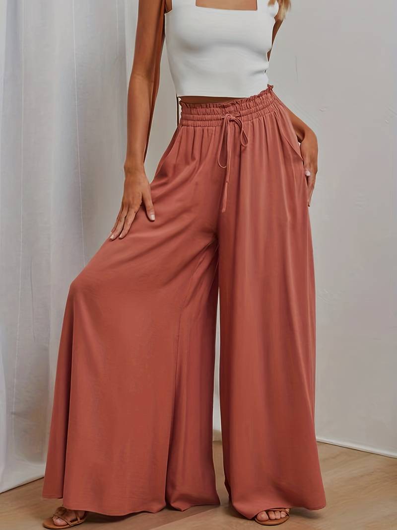 Summer Women's Wde Leg Pants With Elastic Waistband