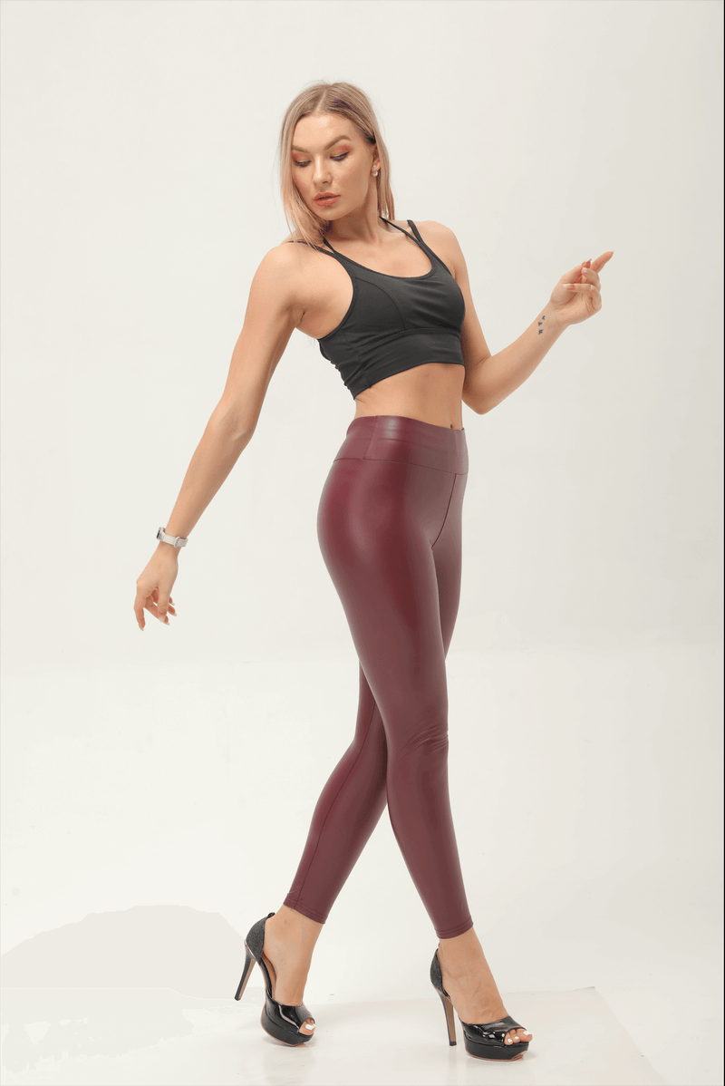 High Waisted Faux Leather Leggings Brown Leather Look Leggings Queen Curves